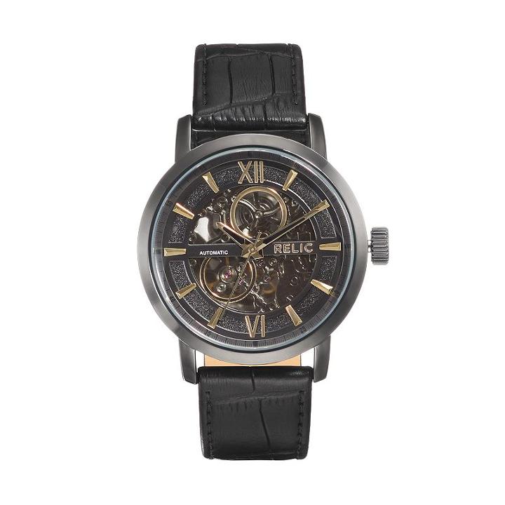 Relic Men's Bryson Leather Automatic Skeleton Watch, Size: Large, Black