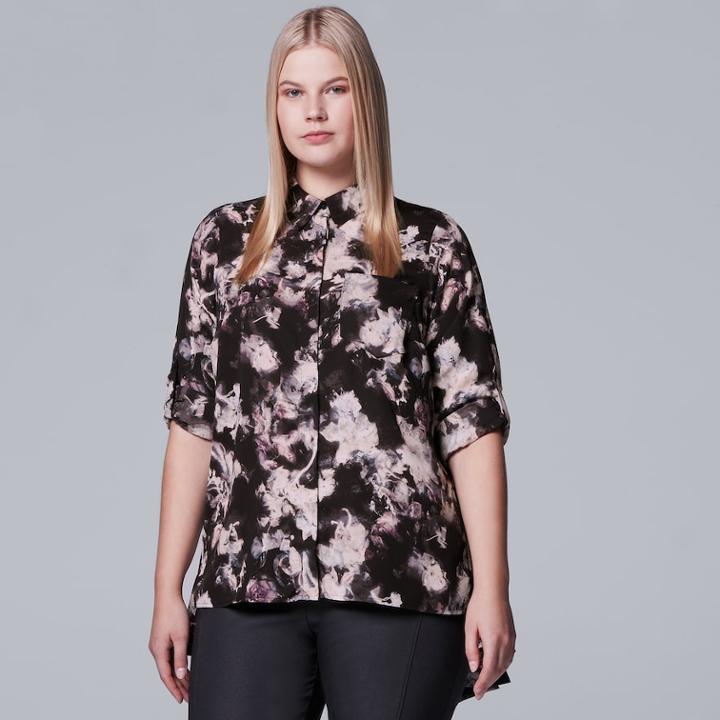 Plus Size Simply Vera Vera Wang Chiffon Roll-tab Shirt, Women's, Size: 3xl, Black