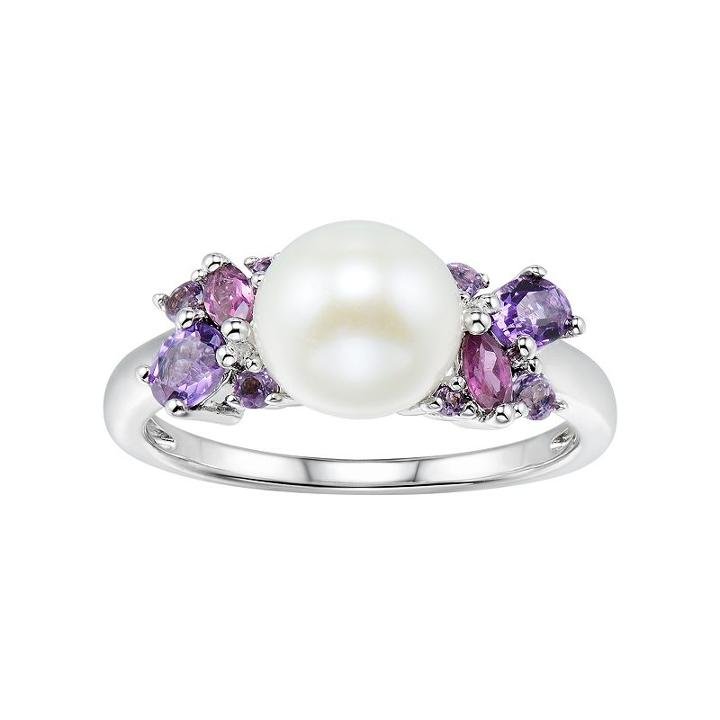 Sterling Silver Freshwater Cultured Pearl & Gemstone Cluster Ring, Women's, Size: 6, Multicolor