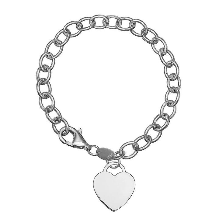 Pure Sterling Silver Rolo Chain Heart Charm Bracelet, Women's, Size: 7.5