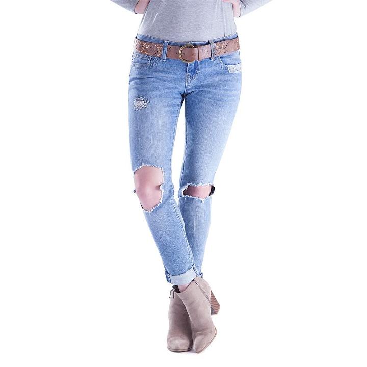 Juniors' Amethyst Ripped Girlfriend Skinny Jeans, Teens, Size: 9, Dark Blue