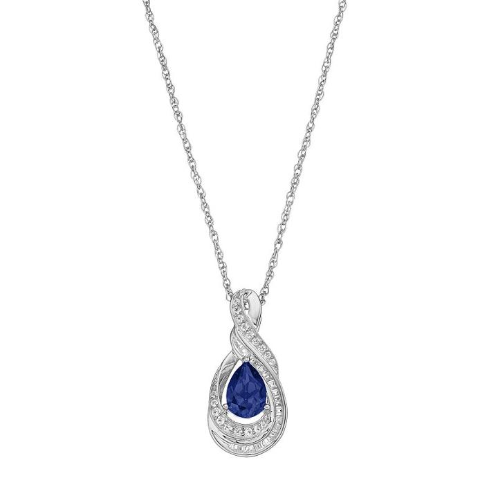 10k White Gold 1/6 Carat T.w. Diamond & Sapphire Twist Teardrop Pendant, Women's, Size: 18, Blue