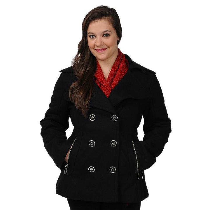Women's Excelled Double-breasted Wool-blend Peacoat, Size: Small, Black