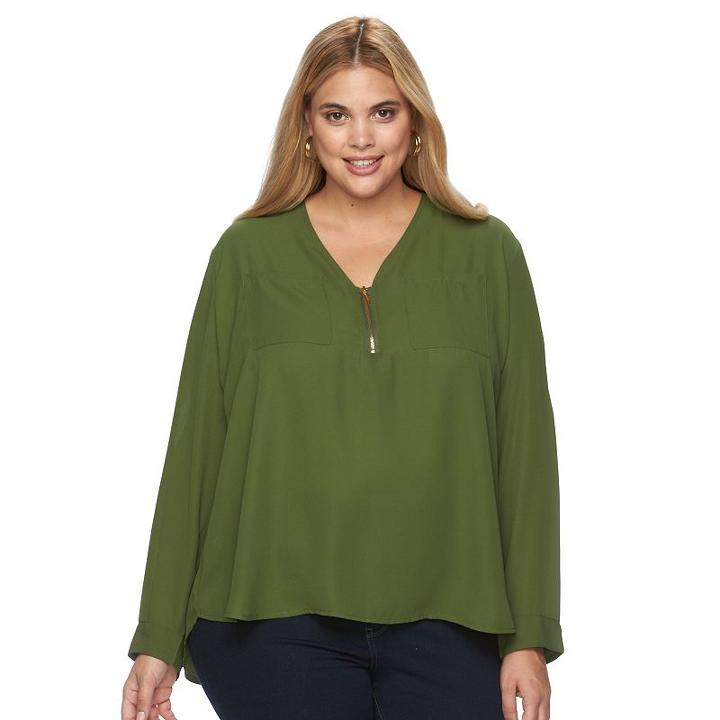 Plus Size Harve Benard High-low Zipper V-neck Pocket Top, Women's, Size: 3xl, Green Oth