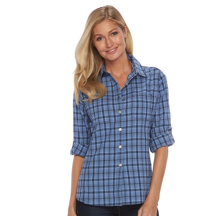 Women's Woolrich Tall Pine Plaid Seersucker Shirt, Size: Large, Dark Blue