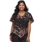 Juniors' Plus Size Heartsoul Floral Handkerchief Top, Teens, Size: 3xl, Black