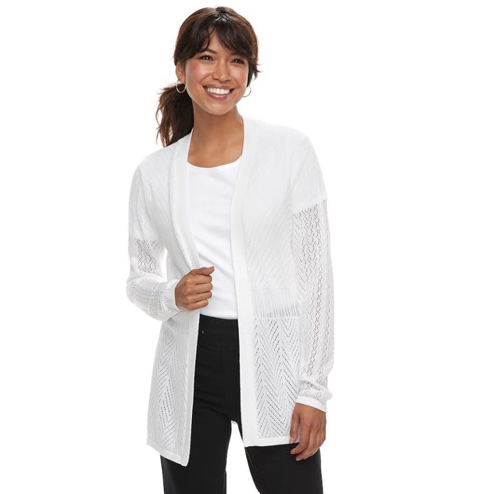 Petite Croft & Barrow&reg; Pointelle Open Front Cardigan, Women's, Size: M Petite, White
