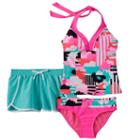 Girls 7-16 Zeroxposur Striped Floral Halterkini Swimsuit & Shorts Set, Girl's, Size: 12, Med Pink