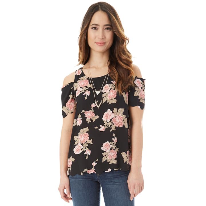 Junior's Iz Byer Scallop Edge Cold Shoulder Top, Teens, Size: Xs, Black Rose