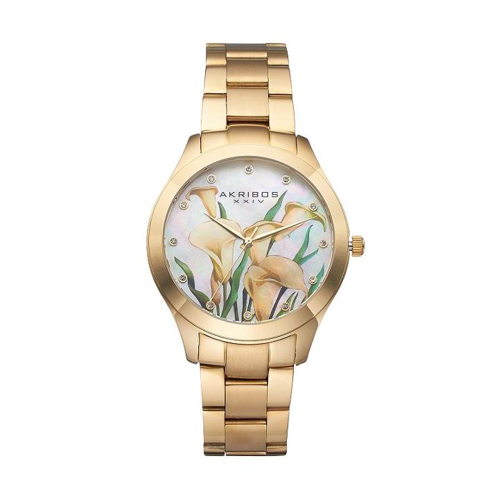 Akribos Xxiv Women's Stainless Steel Ornate Crystal Floral Watch, Yellow