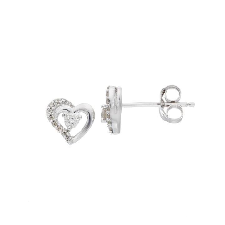 Sterling Silver 1/8 Carat T.w. Diamond Heart Stud Earrings, Women's, White