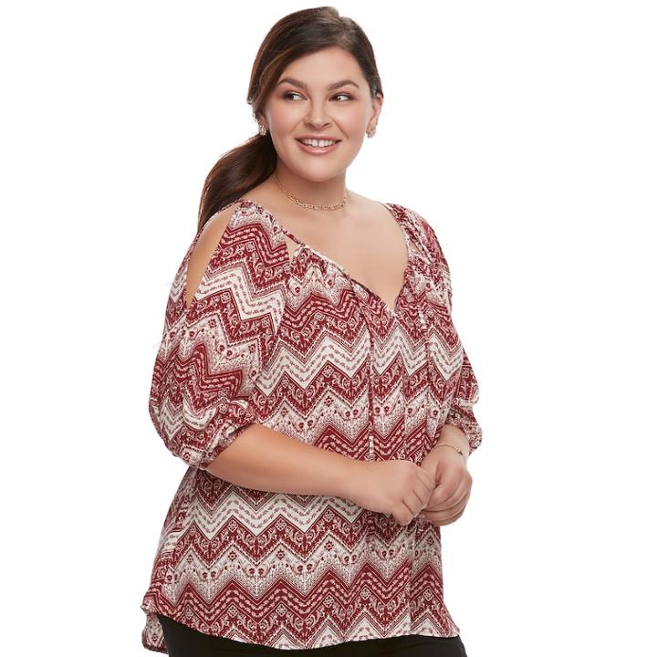 Juniors' Plus Size Liberty Love Print Cold-shoulder Peasant Top, Teens, Size: 3xl, Dark Red