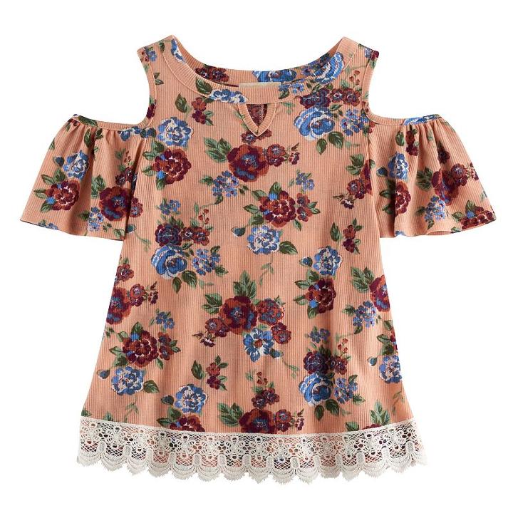 Girls 7-16 Rewind Patterned Ribbed Cold-shoulder Lace Trim Top, Girl's, Size: Small, Pink Other