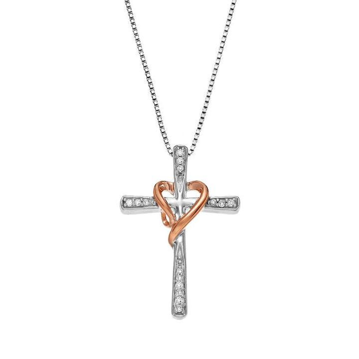 Timeless Sterling Silver Diamond Accent 14k Rose Gold Over Silver Two Tone Heart Cross Pendant Necklace, Women's, White