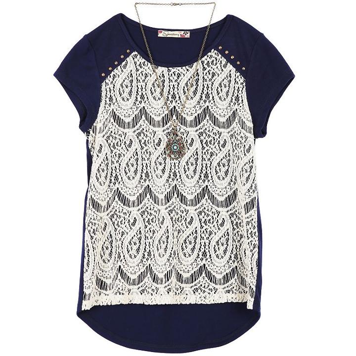 Girls 7-16 Speechless Lace Overlay Top With Necklace, Girl's, Size: Large, Blue (navy)