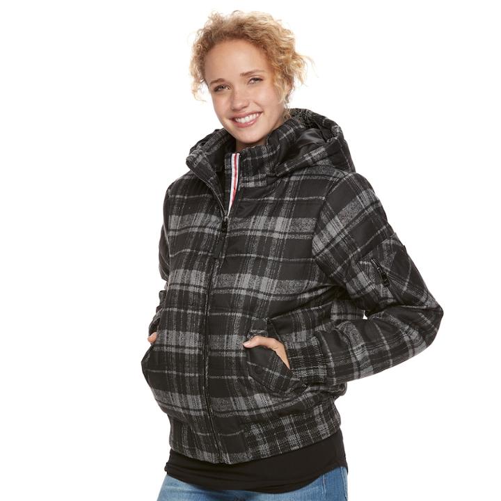 Juniors' Urban Republic Hooded Plaid Bomber Jacket, Teens, Size: Medium, Dark Grey