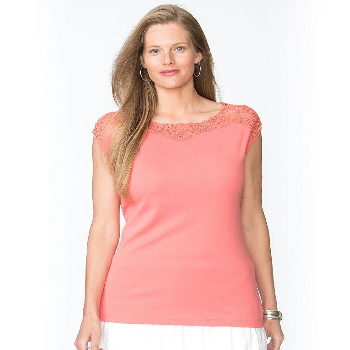 Plus Size Chaps Lace-yoke Boatneck Tee, Women's, Size: 2xl, Pink