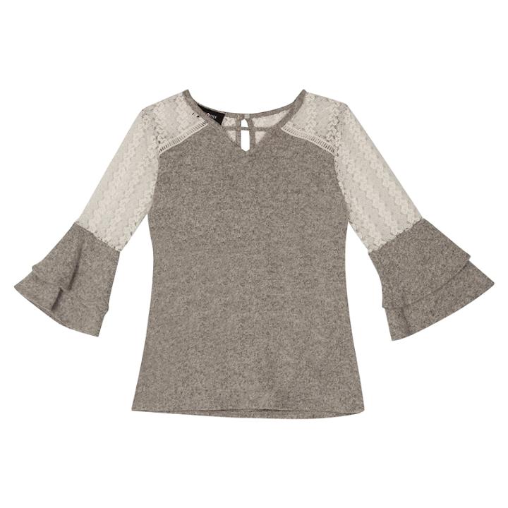 Girls 7-16 Iz Amy Byer Lace Shoulder Fuzzy Bell Sleeve Top, Size: Xl, Light Grey