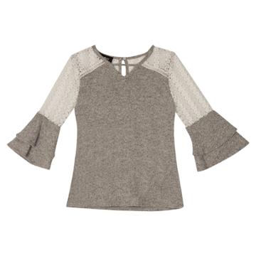Girls 7-16 Iz Amy Byer Lace Shoulder Fuzzy Bell Sleeve Top, Size: Xl, Light Grey