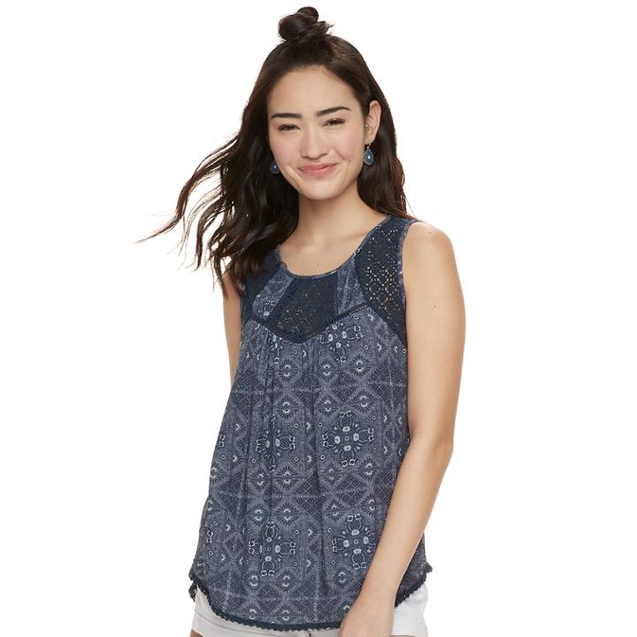 Juniors' Rewind Lace Yoke Tank Top, Teens, Size: Small, Blue