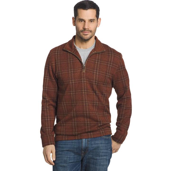 Men's Arrow Classic-fit Windowpane Fleece Quarter-zip Sweater, Size: Large, Dark Brown