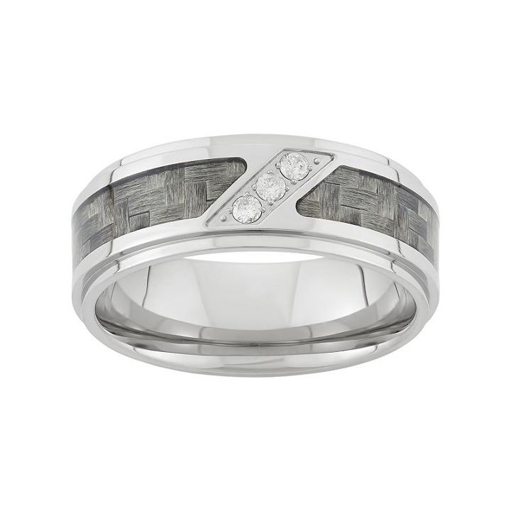 1/10 Carat T.w. Diamond Stainless Steel And Carbon Fiber Wedding Band - Men, Size: 9, White