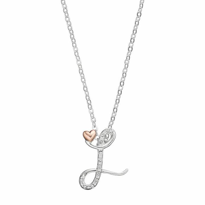 Two Tone Crystal Heart Initial Pendant Necklace, Women's, Size: 18, Grey