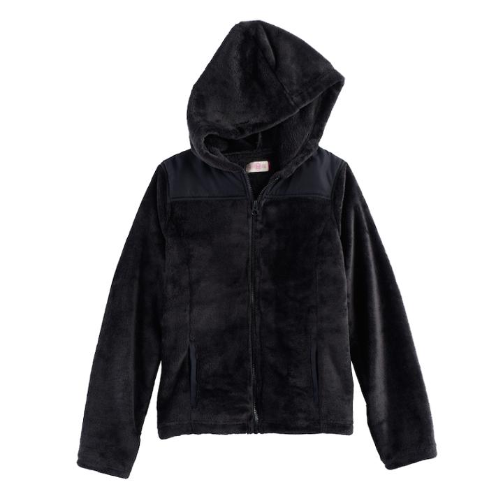 Girls 7-16 & Plus Size So&reg; Hooded Sherpa Zip-up Jacket, Size: 16 1/2, Black