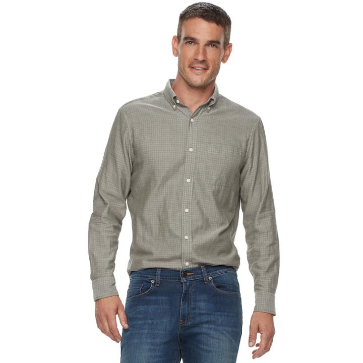 Men's Sonoma Goods For Life&trade; Modern-fit Double-cloth Woven Button-down Shirt, Size: Small, Dark Green