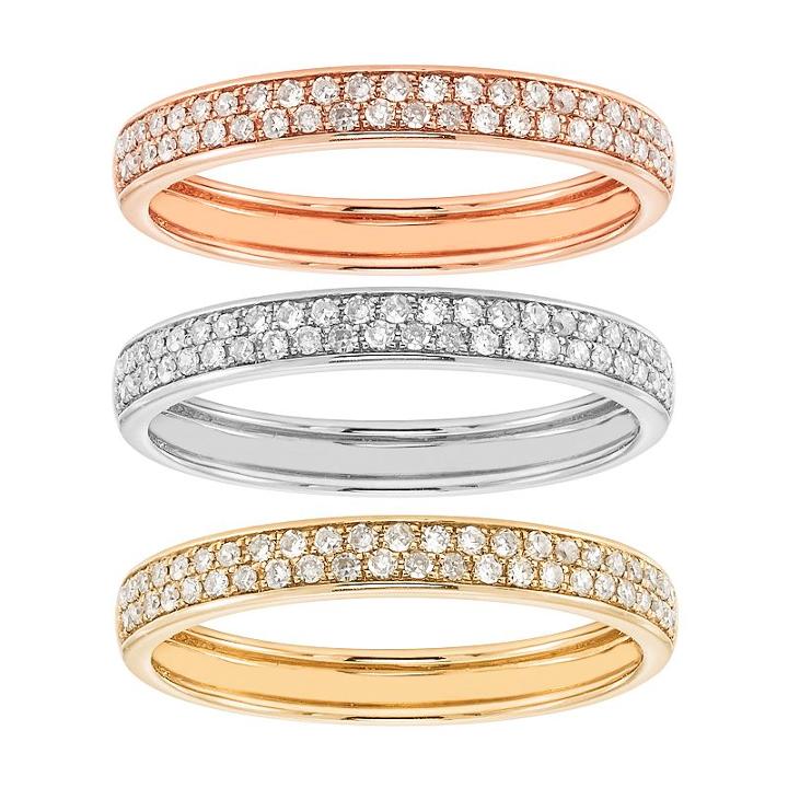 1/2 Carat T.w. Igi Certified Diamond Tri Tone 14k Gold Stack Ring Set, Women's, Size: 7, White