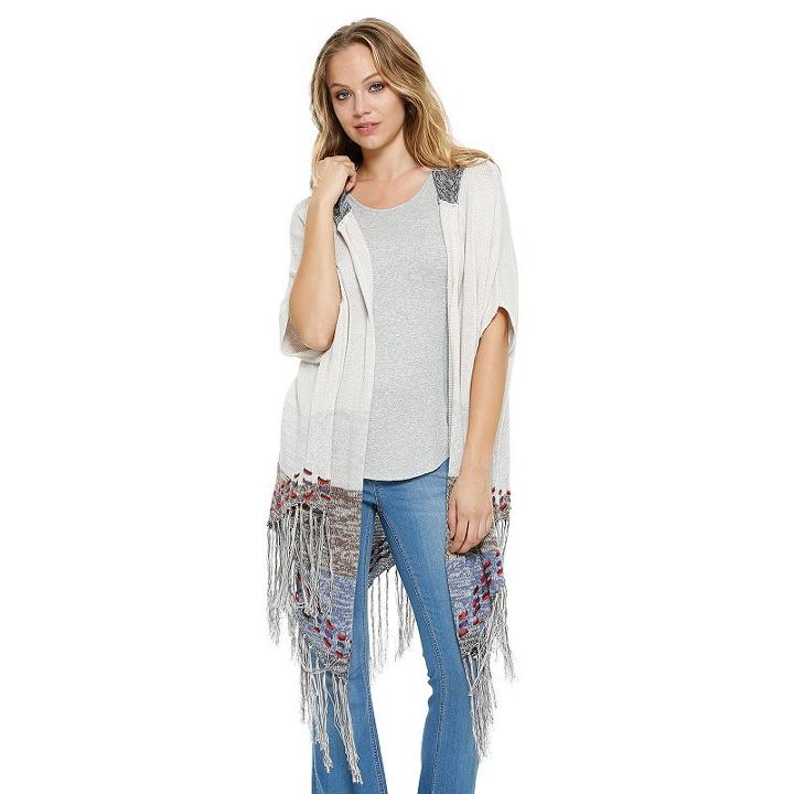 Women's E By Elan Hooded Fringe Cardigan, Lt Beige