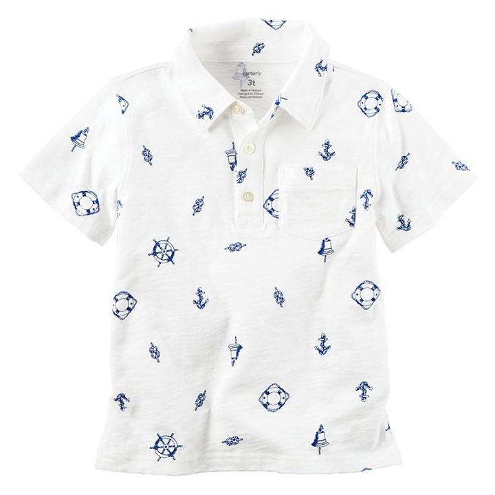 Boys 4-8 Carter's Short Sleeve Printed Slubbed Polo Shirt, Size: 7, White