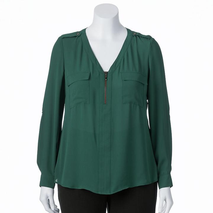 Juniors' Plus Size Candie's&reg; Zip-neck Roll-tab Top, Girl's, Size: 1xl, Dark Green