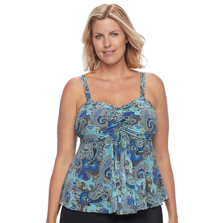 Plus Size A Shore Fit Tummy Slimmer Mesh Tankini Top, Women's, Size: 18 W, Blue