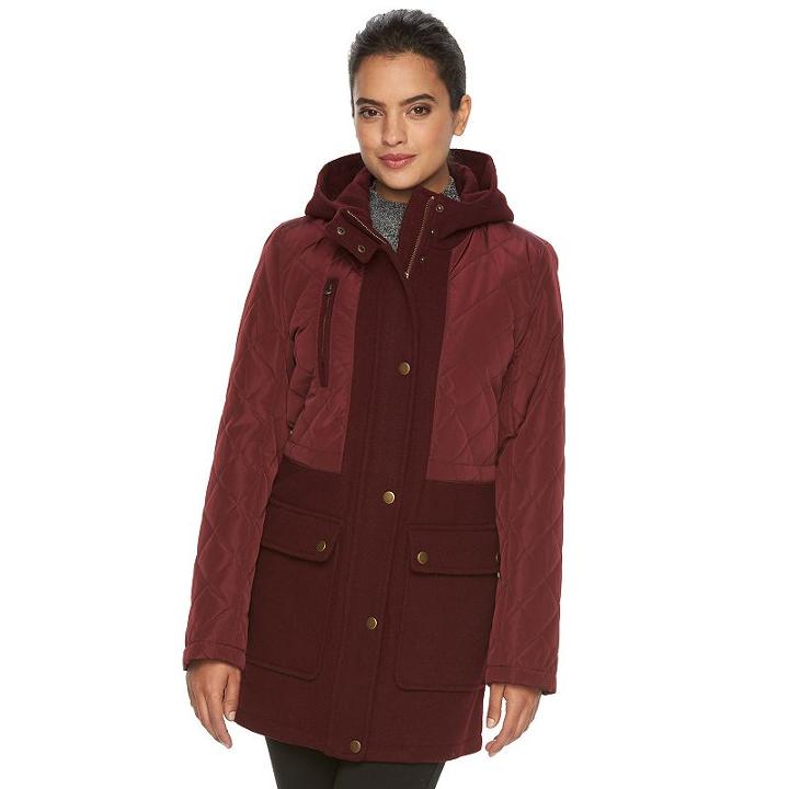 Women's Apt. 9&reg; Hooded Quilted Wool Blend Anorak Jacket, Size: Medium, Dark Red