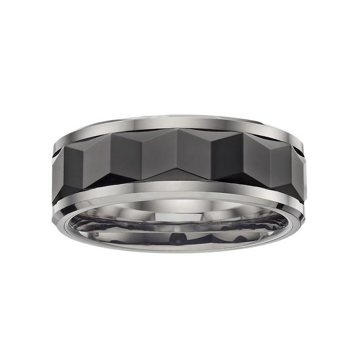 Stainless Steel & Black Ceramic Geometric Band - Men, Size: 11