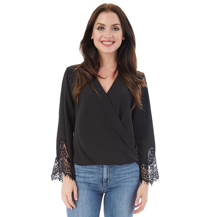 Juniors' Iz Byer California Lace Faux-wrap Top, Teens, Size: Xs, Black