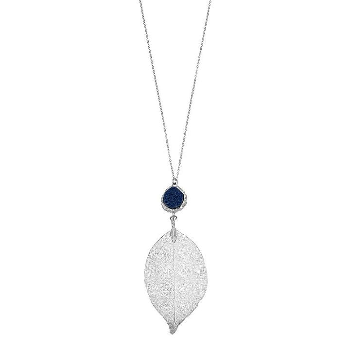Long Blue Simulated Drusy Leaf Pendant Necklace, Women's, Navy