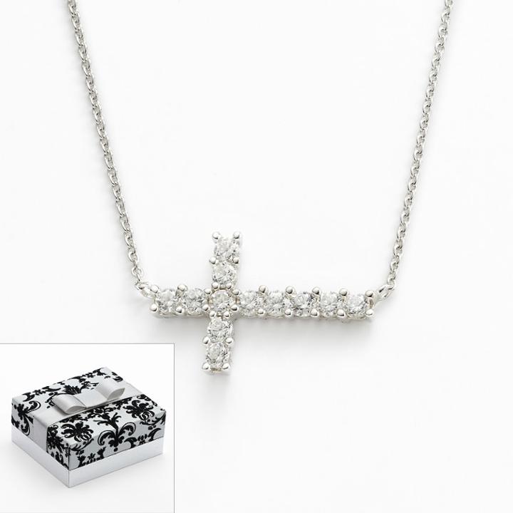 Diamonluxe Sterling Silver Simulated Diamond Sideways Cross Necklace, Women's, White
