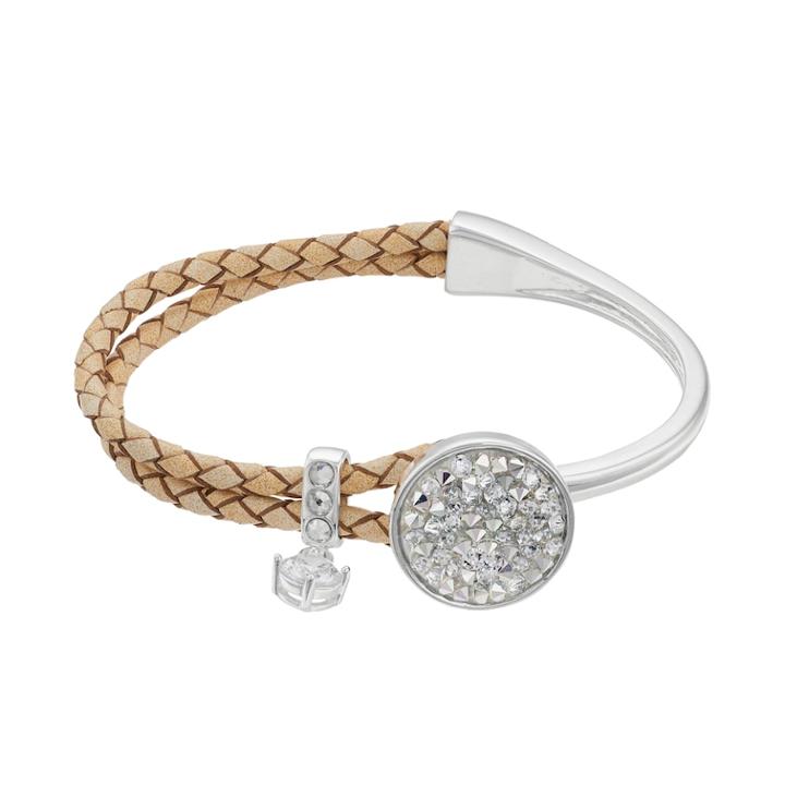 Brilliance Cubic Zirconia Braided Tan Leather Bracelet With Swarovski Crystals, Women's, White