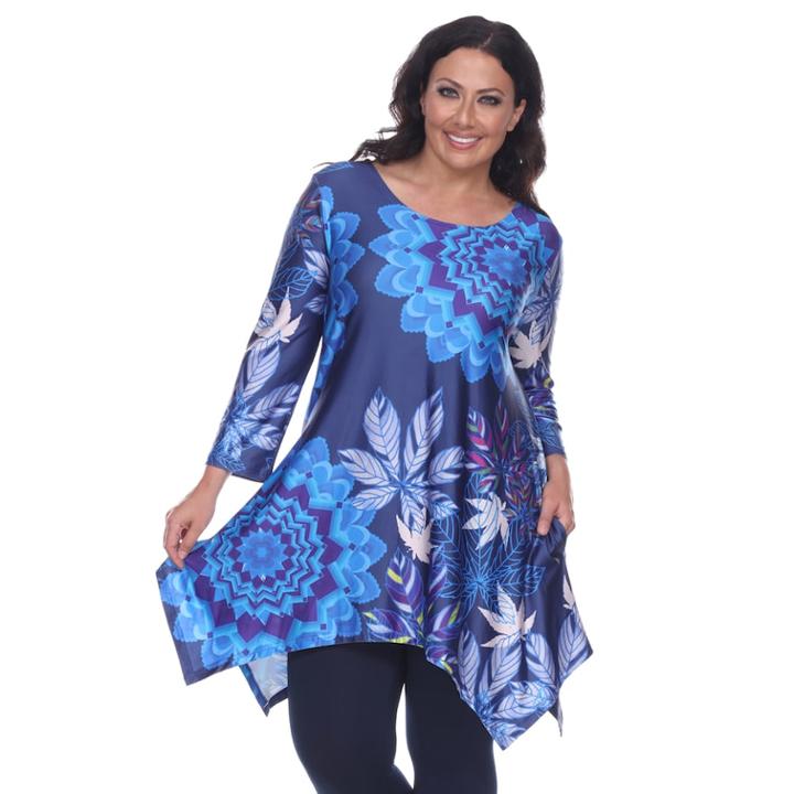 Plus Size White Mark Scroll Shark-bite Tunic, Women's, Size: 3xl, Blue Other