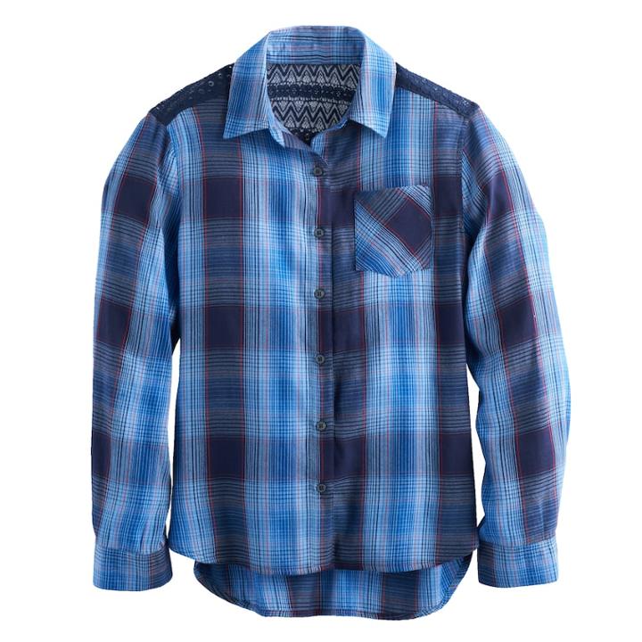Girls 7-16 Mudd&reg; Lace Back Yoke Plaid Button-down Shirt, Size: 12, Med Blue