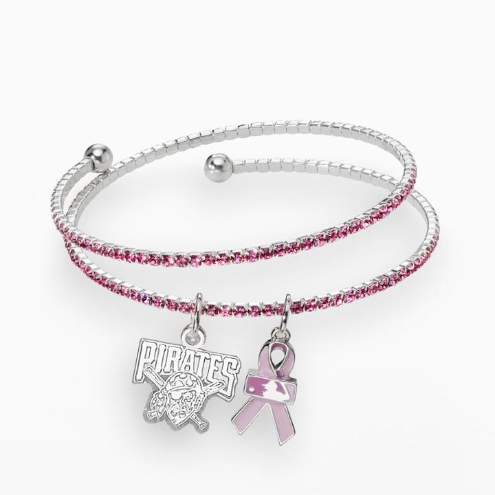 Logoart Pittsburgh Pirates Silver Tone Crystal Breast Cancer Awareness Charm Coil Bracelet, Women's, Pink