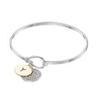 Two Tone Silver Plated Crystal Initial Disc Charm Bangle Bracelet, Women's, Size: 7.5