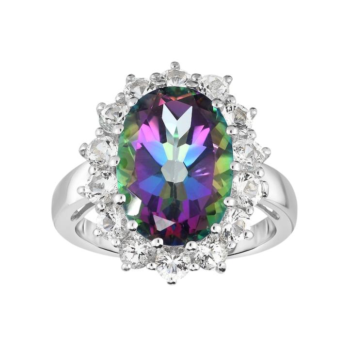 Sterling Silver Mystic Topaz & White Topaz Halo Ring, Women's, Size: 7, Green