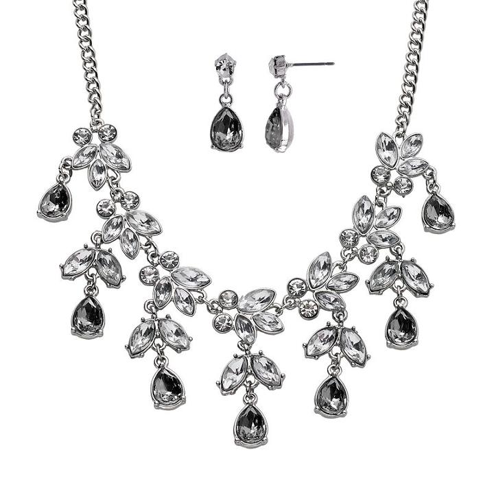 Crystal Allure Leaf And Teardrop Necklace And Earring Set, Women's, Size: 16.5, Black