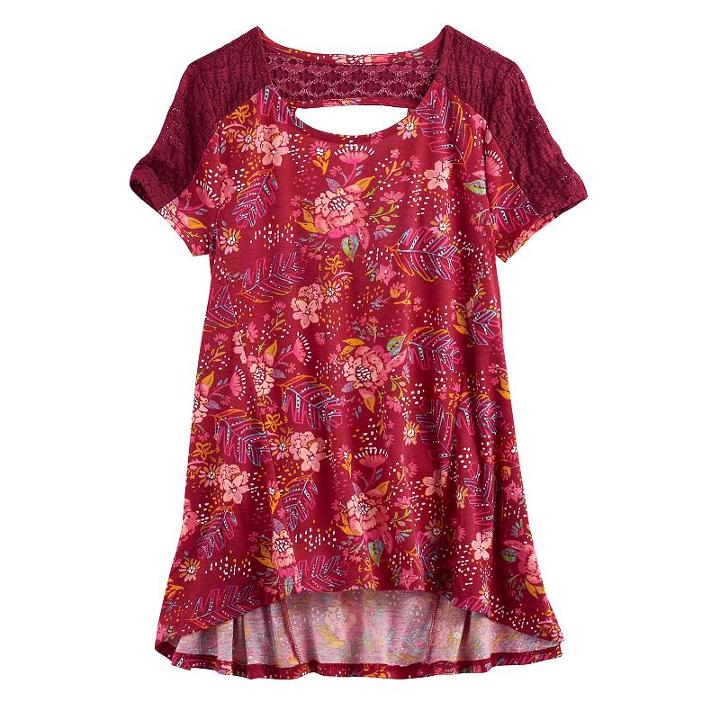 Girls 7-16 & Plus Size Mudd&reg; Lace-pieced Keyhole Swing Tee, Size: 20 1/2, Red