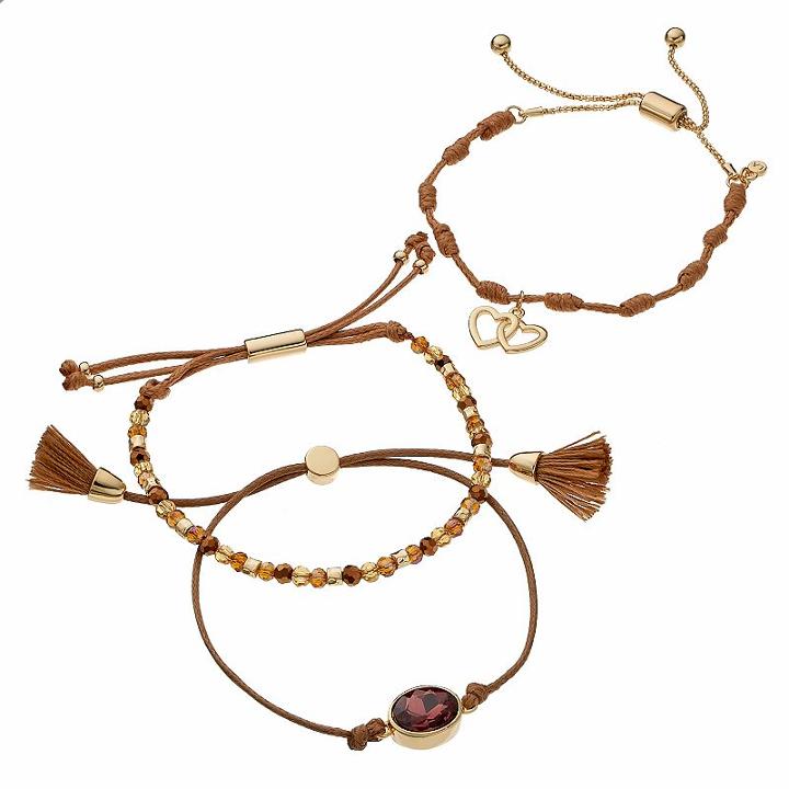 Love This Life Crystal Bead & Heart Charm Slipknot Bracelet Set, Women's, Brown