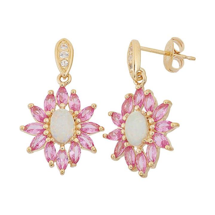 Lab-created Opal, Lab-created Pink Sapphire & Lab-created White Sapphire 18k Gold Over Silver Flower Drop Earrings, Women's