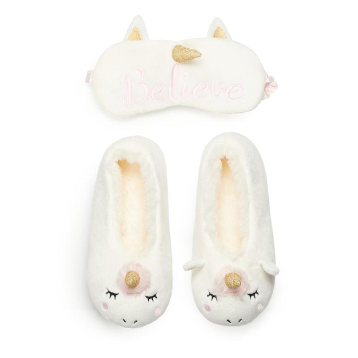 Girls 4-16 Elli By Capelli Unicorn Slipper & Eye Mask Set, Size: 3/4, White